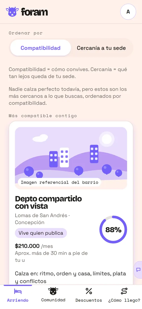 Arriendos ordenados por compatibilidad: el primero calza 88% en ritmo, orden y casa, límites y plata.