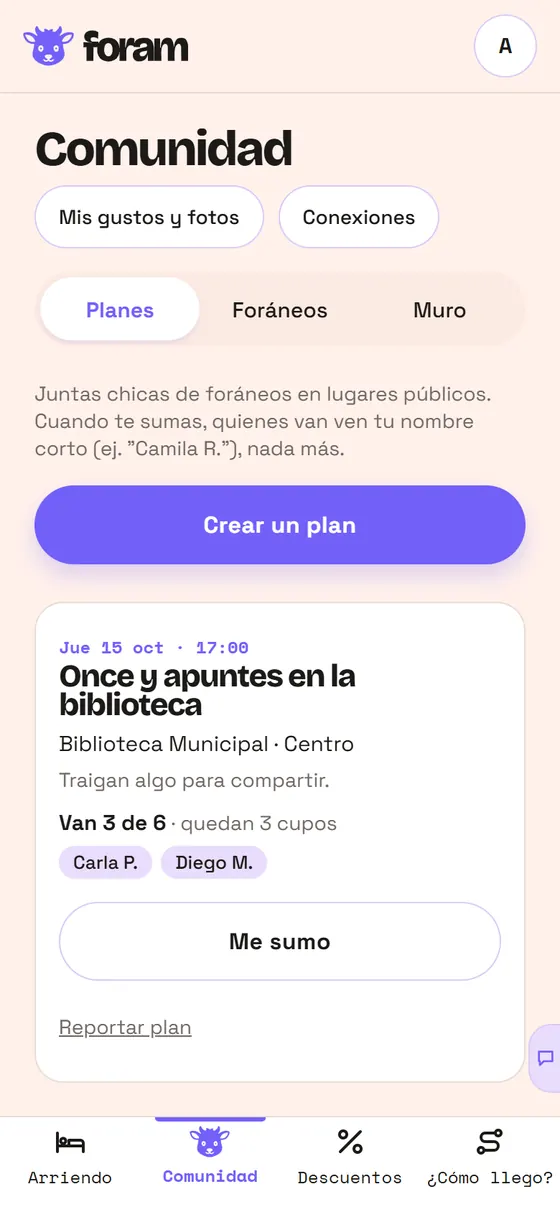 Comunidad: un plan de once y apuntes en la biblioteca, con 3 de 6 cupos tomados.