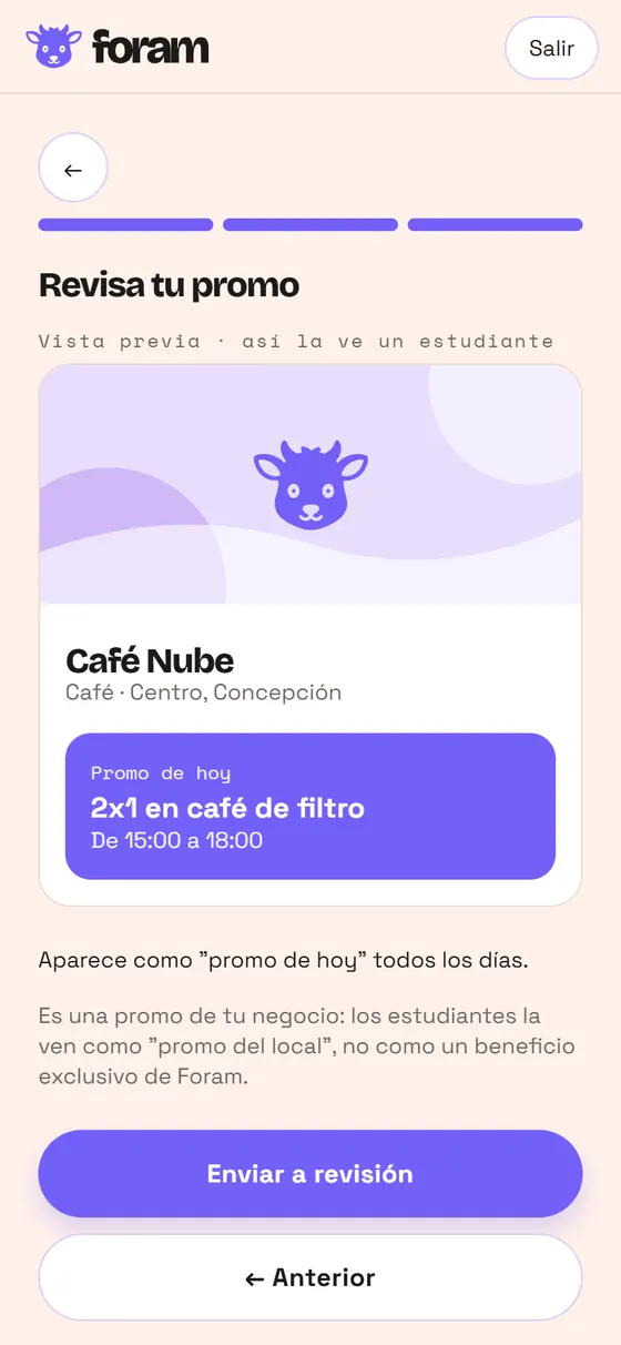 Vista previa de una promo: 2x1 en café de filtro, de 15:00 a 18:00, tal como la ve un estudiante.